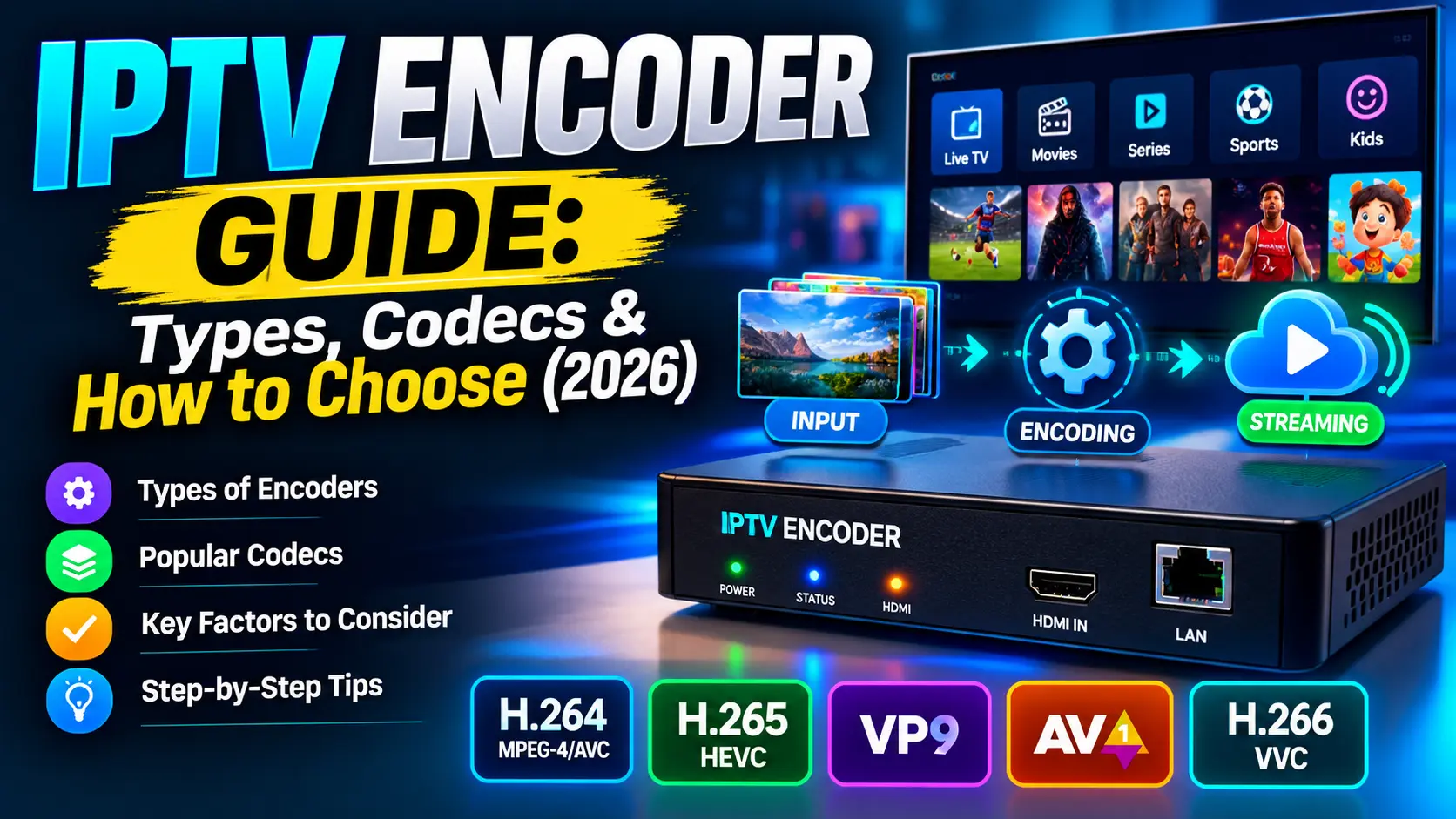 IPTV encoder converting HDMI and SDI video into IP streams for multiple TVs