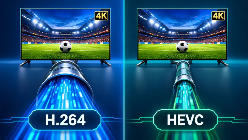 H.264 vs HEVC comparison showing HEVC using about half the bitrate for the same quality