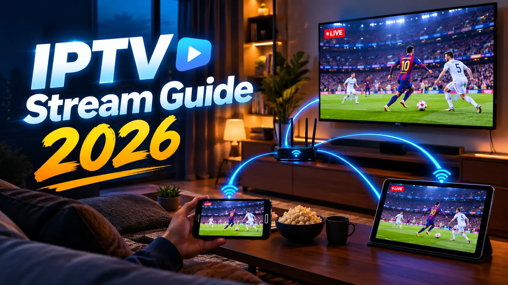IPTV stream playing live TV on a smart TV, phone and tablet