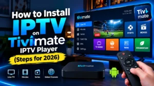 TiviMate IPTV player interface on a smart TV showing Live TV, Sports, Movies, and other categories with a remote control in hand