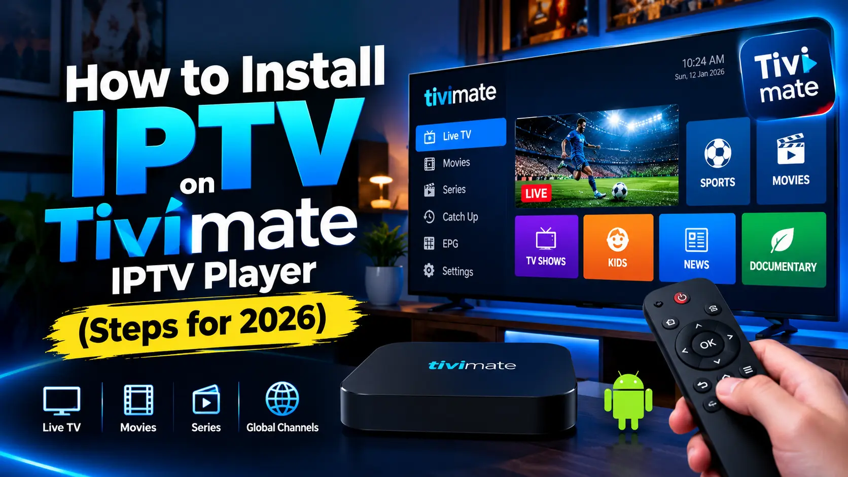 TiviMate IPTV player interface on a smart TV showing Live TV, Sports, Movies, and other categories with a remote control in hand