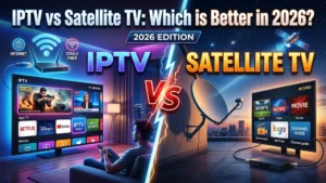 IPTV vs satellite TV comparison showing a smart TV with streaming apps on one side and a satellite dish with a receiver on the other