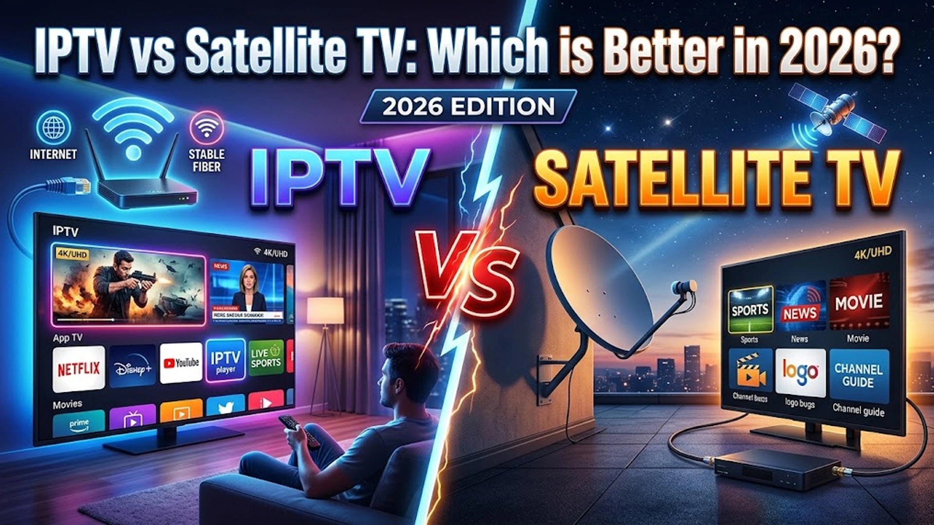 IPTV vs satellite TV comparison showing a smart TV with streaming apps on one side and a satellite dish with a receiver on the other