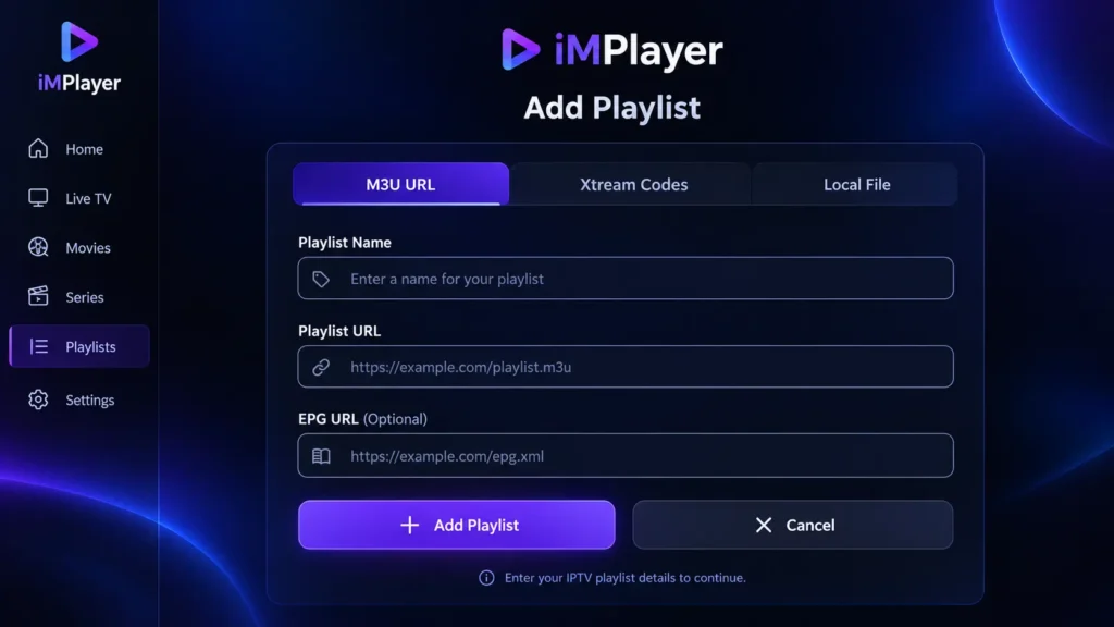 iMPlayer add playlist screen with Xtream Codes and M3U options