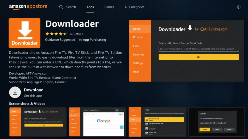 Downloader app in the Amazon Appstore on Fire TV