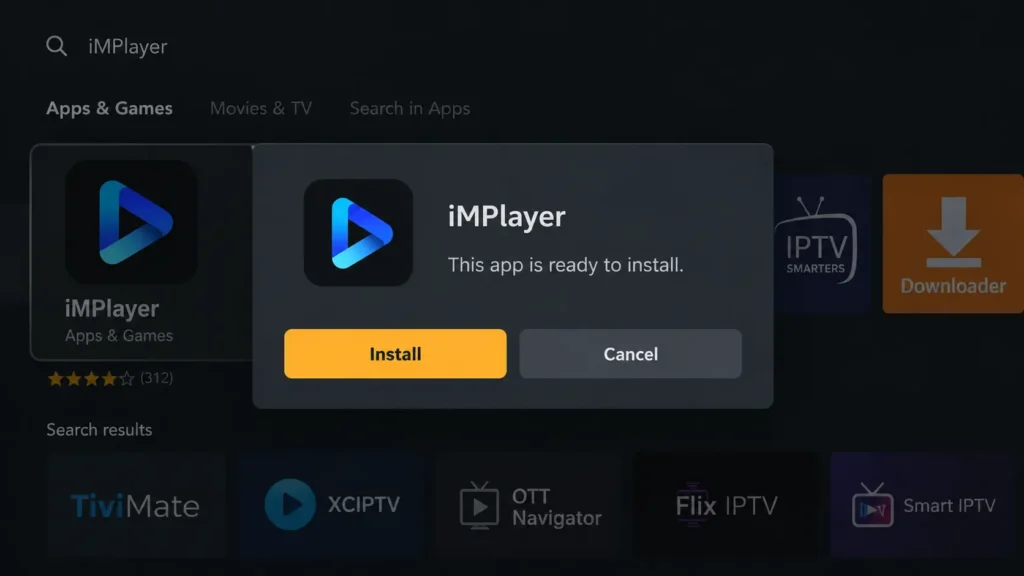 iMPlayer APK install prompt on a Fire TV Stick