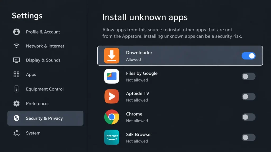 Install unknown apps enabled for Downloader on Firestick