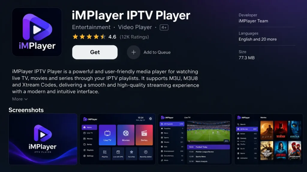 iMPlayer IPTV Player listing on the Apple App Store