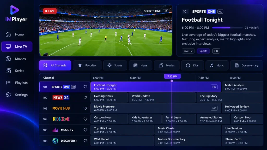 iMPlayer live TV guide with EPG programme listings loaded