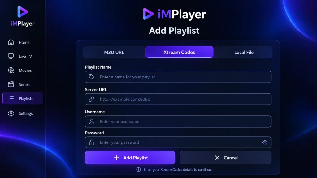 iMPlayer login fields for server URL, username and password