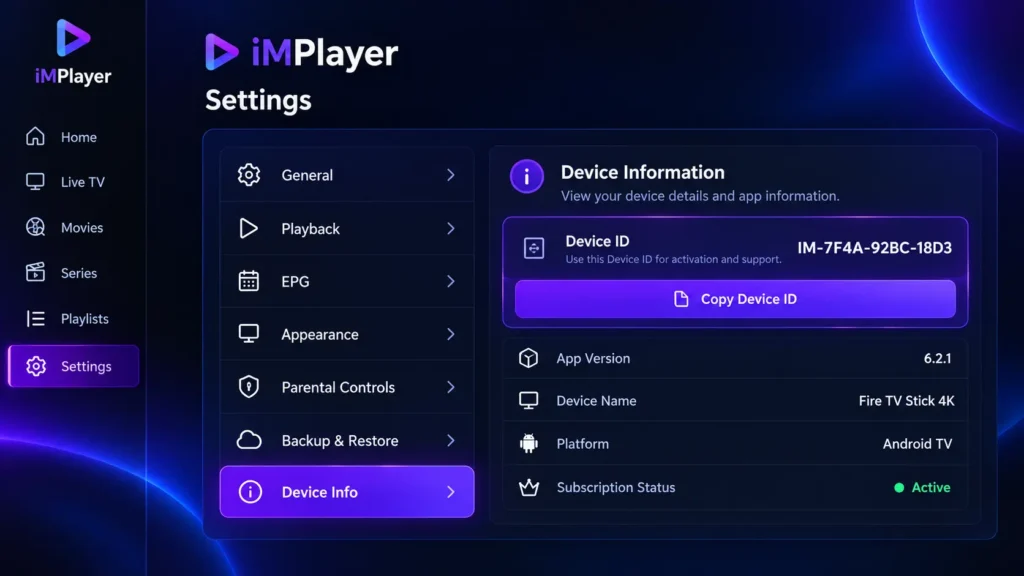 iMPlayer settings screen showing the device ID for Premium