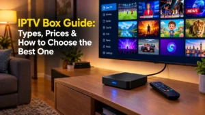 IPTV box connected to a TV by HDMI, streaming live channels from the internet