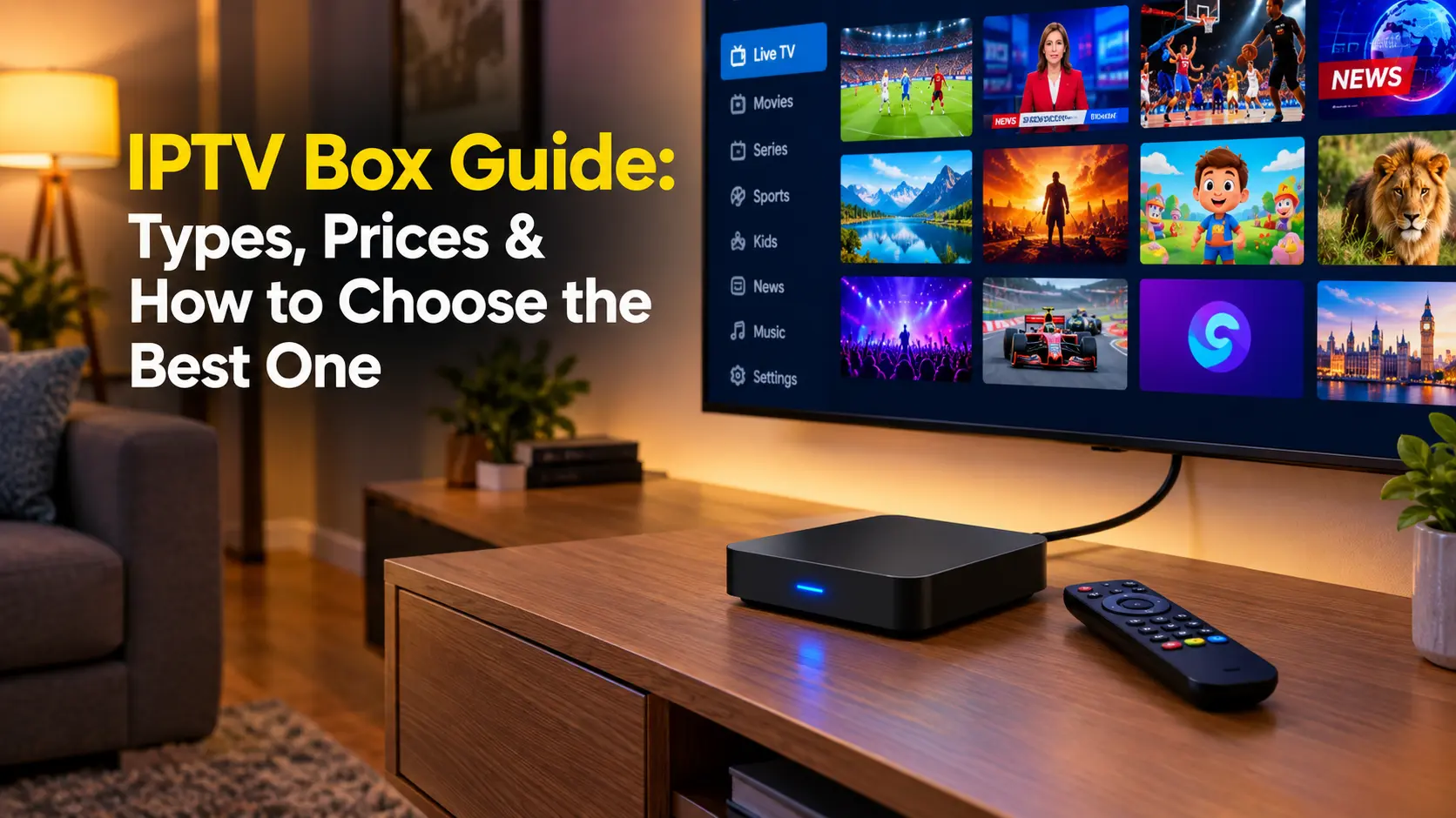 IPTV box connected to a TV by HDMI, streaming live channels from the internet
