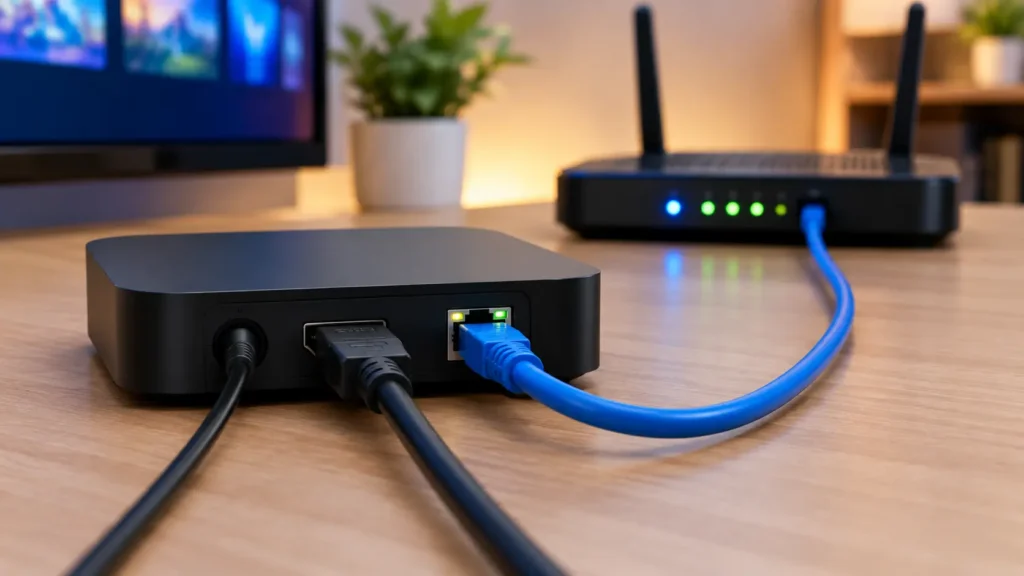 HDMI cable to the TV and Ethernet cable to the router
