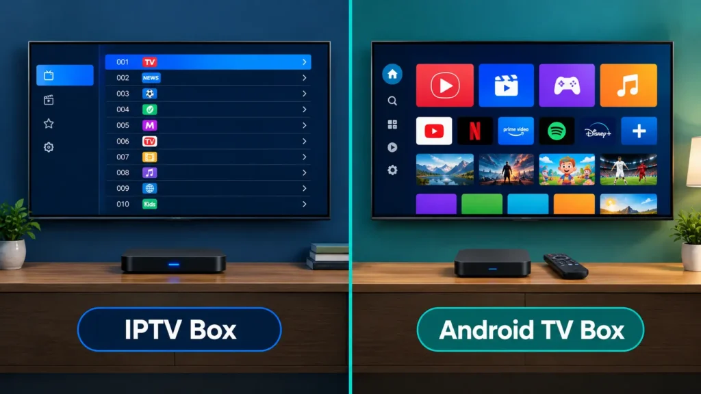 IPTV box vs Android TV box: simple IPTV menu compared with an app-filled Android TV home screen