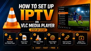 Step-by-step guide showing how to set up IPTV on VLC Media Player, from downloading VLC to pasting the M3U playlist URL and streaming live channels