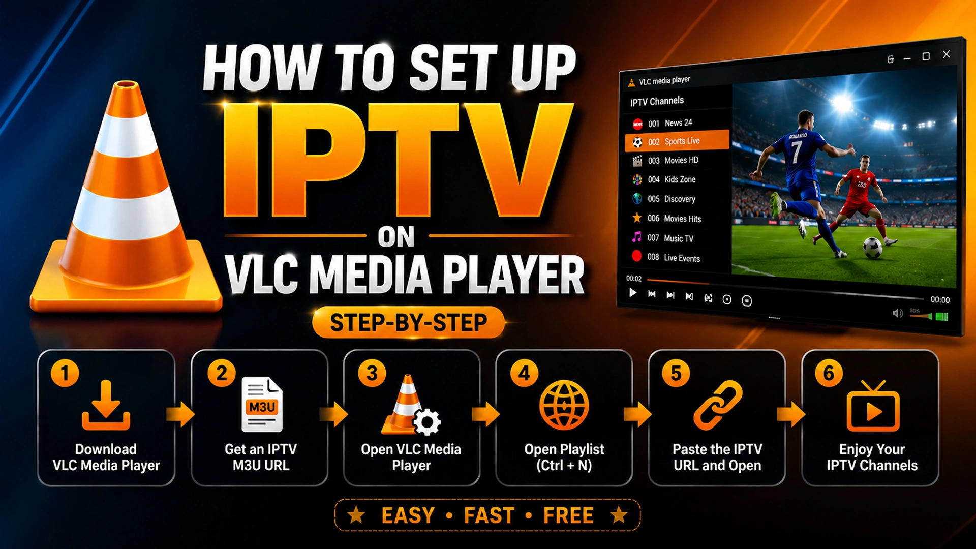 Step-by-step guide showing how to set up IPTV on VLC Media Player, from downloading VLC to pasting the M3U playlist URL and streaming live channels