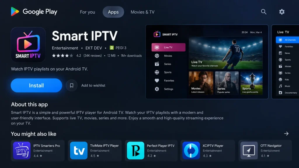 Smart IPTV app listing in the Google Play Store on Android TV