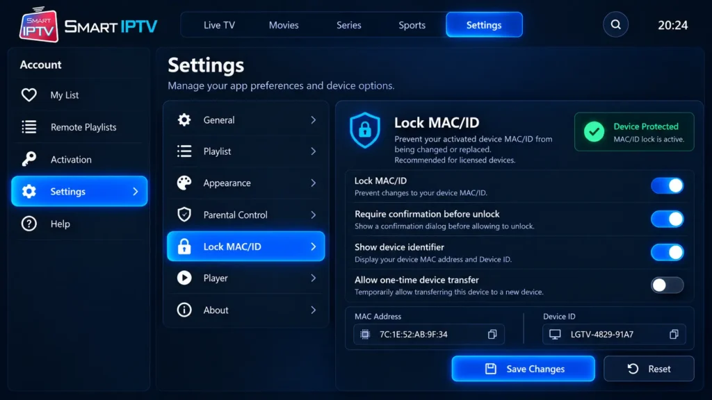 Smart IPTV app settings menu showing the Lock MAC/ID option