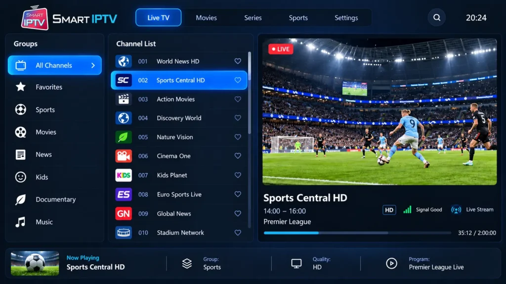 Smart IPTV channel list and groups on a TV after the playlist loads
