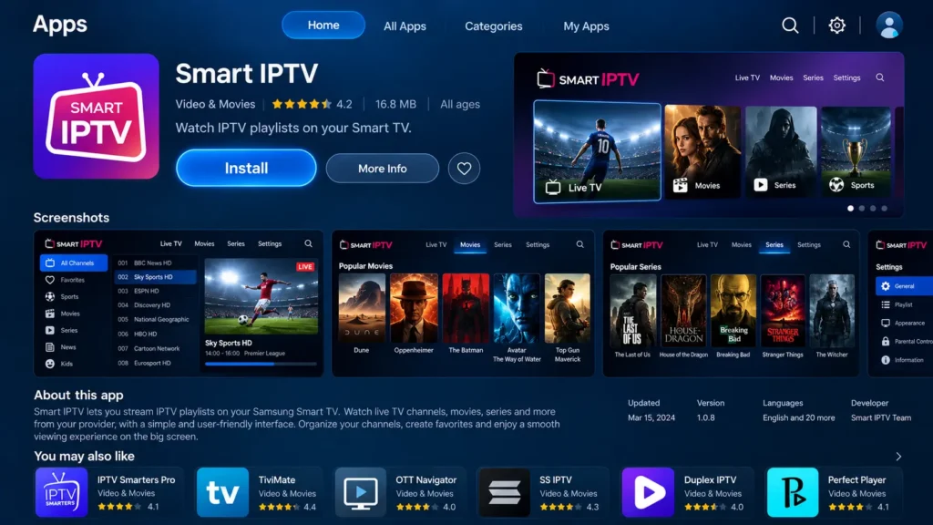 Smart IPTV app page in the Samsung Apps store with the Install button