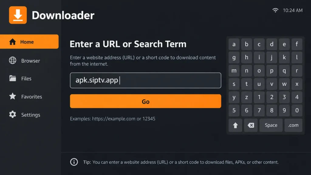 Downloader app on Fire TV with the official apk.siptv.app address entered