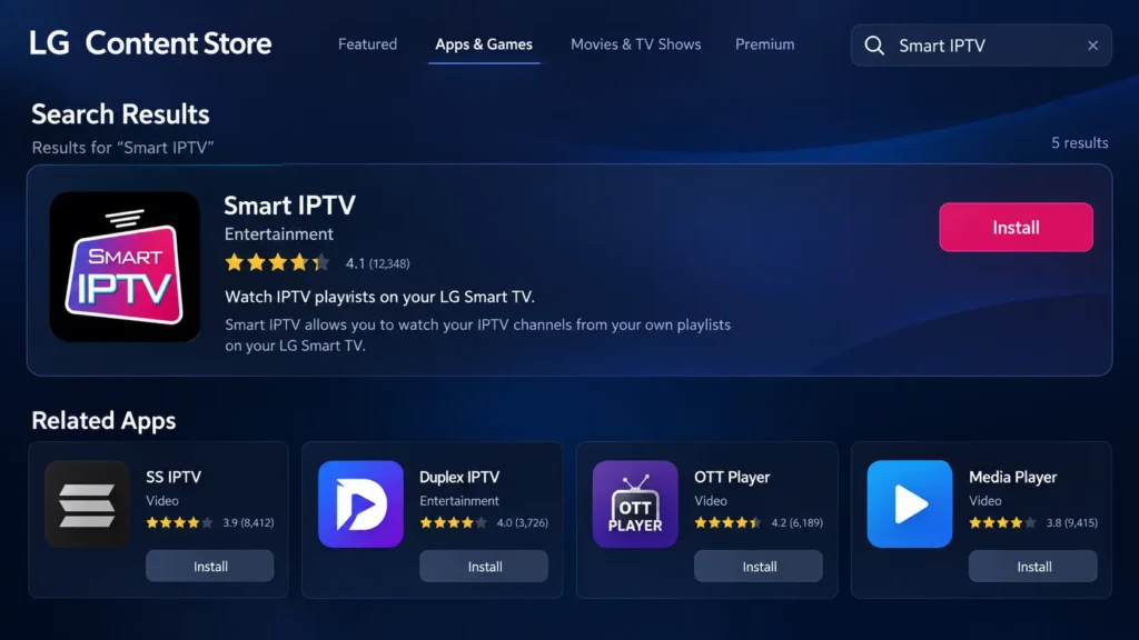 Smart IPTV search result in the LG Content Store on an LG webOS TV