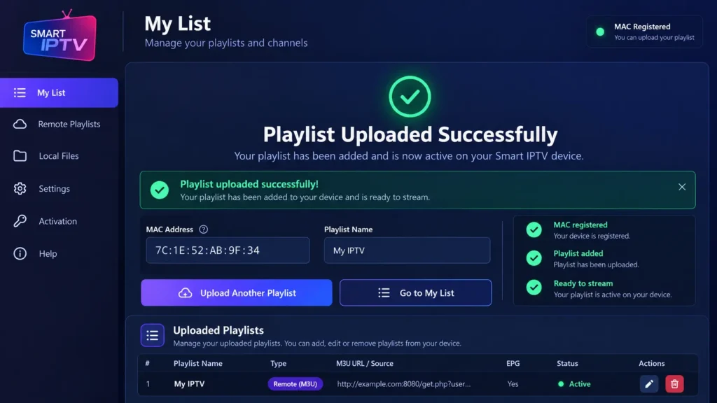 Smart IPTV playlist upload success message after sending an M3U link