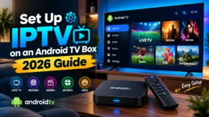 Android TV box setup showing IPTV home screen with Live TV, Movies, Series, Sports, and Kids categories on a smart TV
