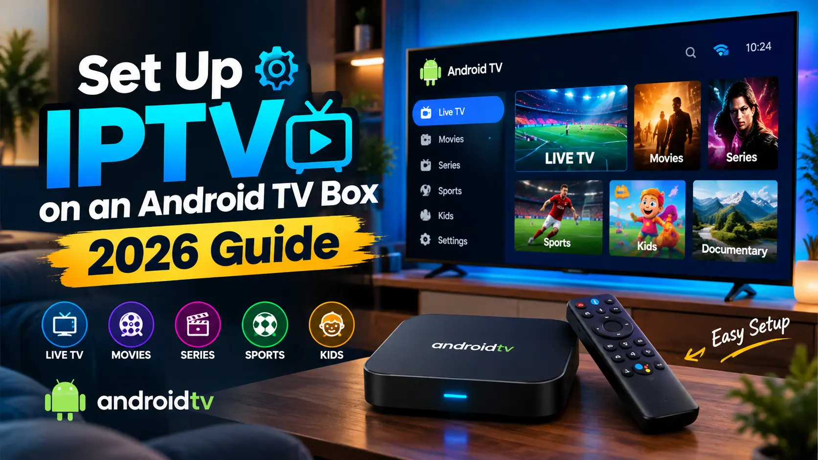 Android TV box setup showing IPTV home screen with Live TV, Movies, Series, Sports, and Kids categories on a smart TV