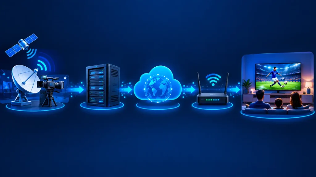 Diagram of how IPTV works, from content source to encoder, middleware and viewer device