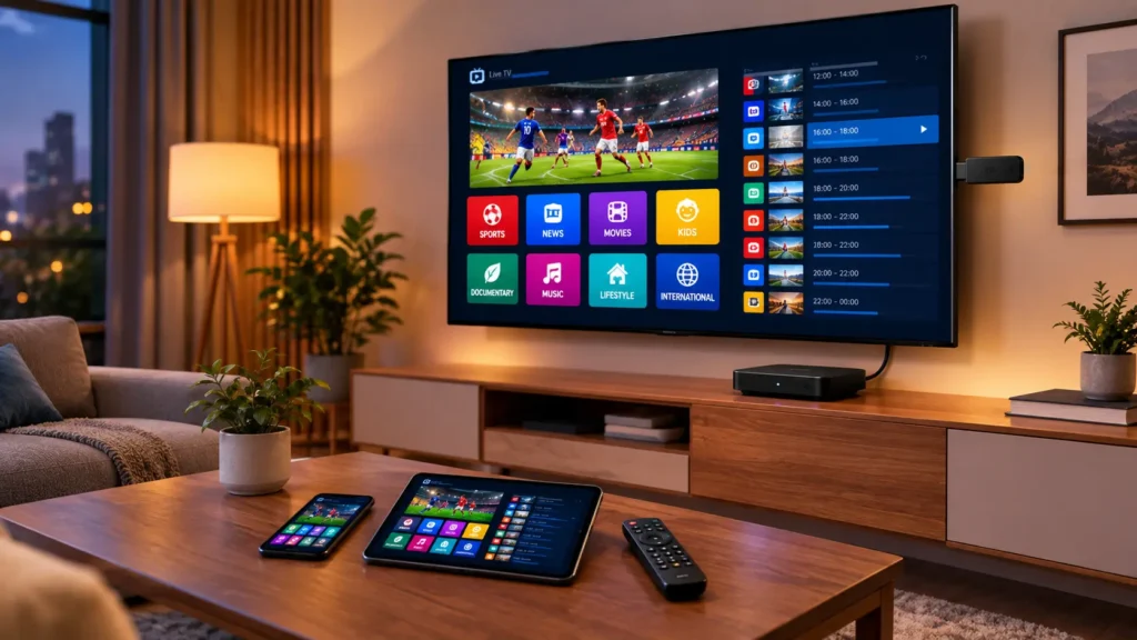 IPTV app running on a smart TV, Fire TV Stick, Android TV box and phone