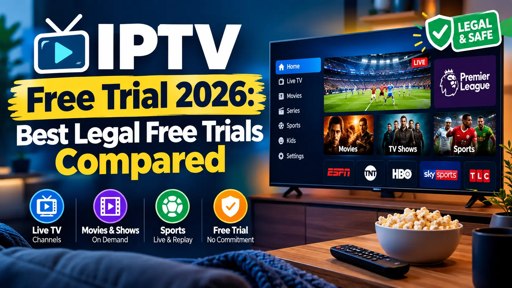 IPTV free trial 2026: live TV streaming app with a free trial banner on a smart TV