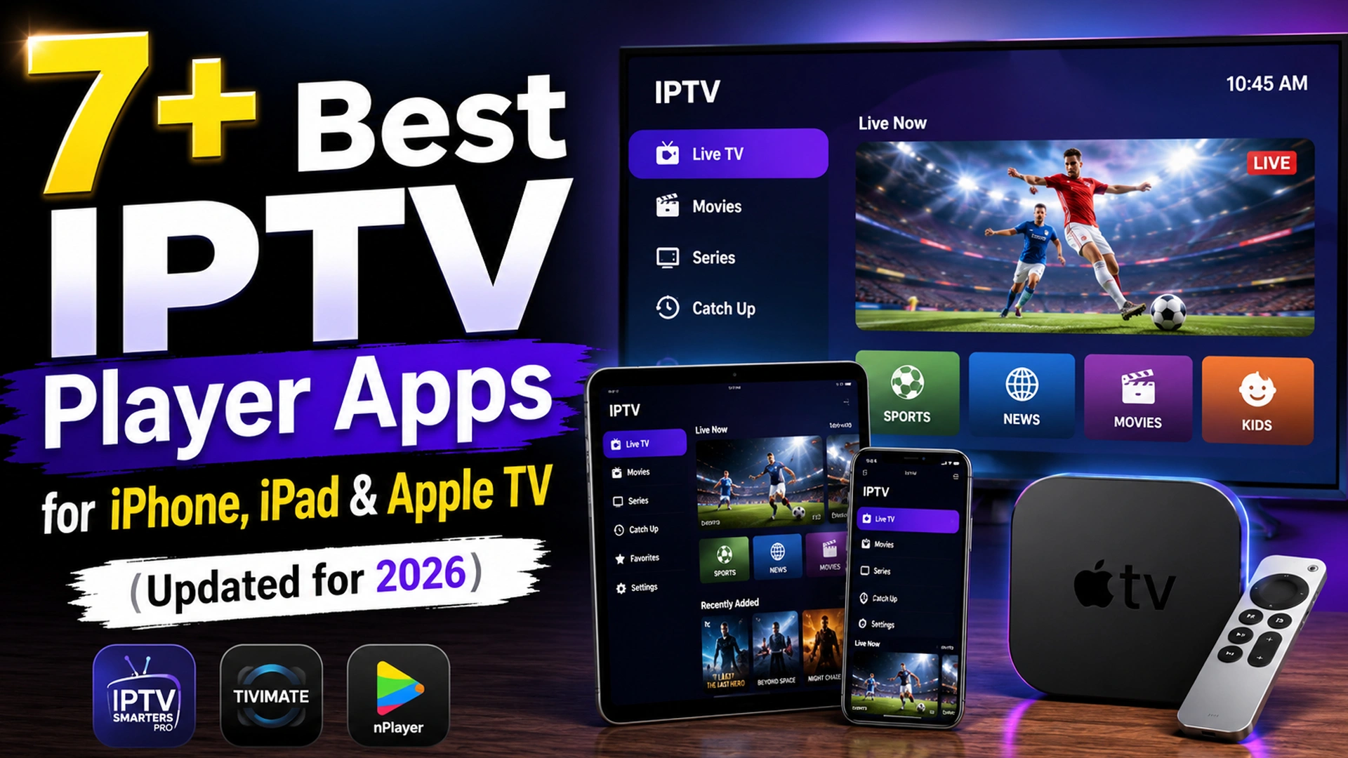 7+ best IPTV player apps for iPhone, iPad, and Apple TV showing live TV, sports, movies, and kids channels on multiple Apple devices