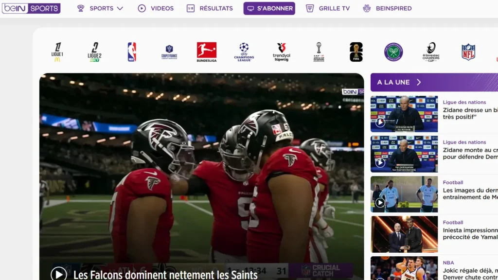 beIN SPORTS France streaming page with live football and NBA