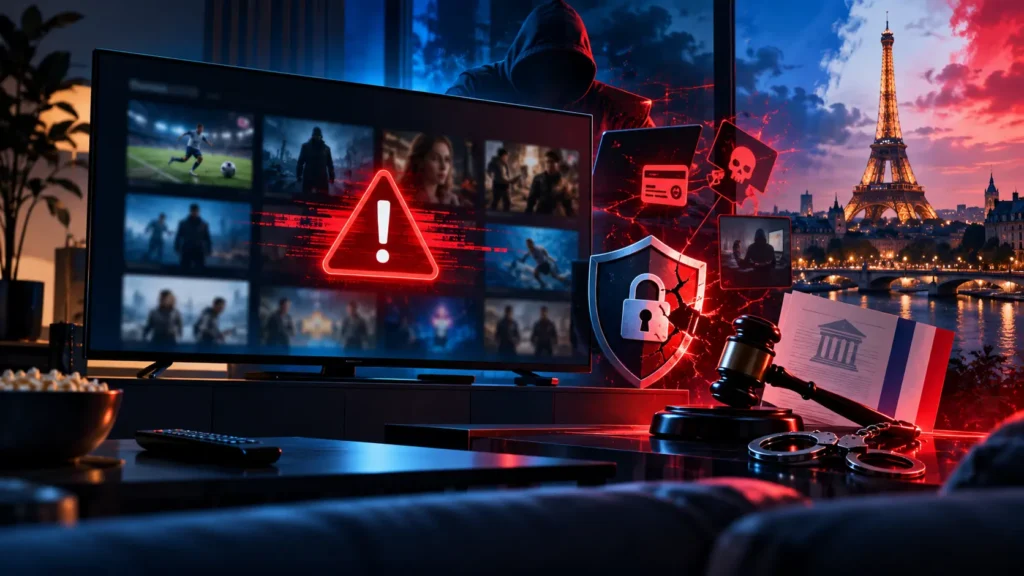 Illustration of illegal IPTV risks in France with Arcom blocking and fines
