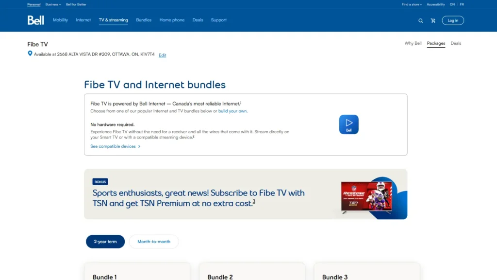 Bell Fibe TV app packages page showing Starter to Best TV plans