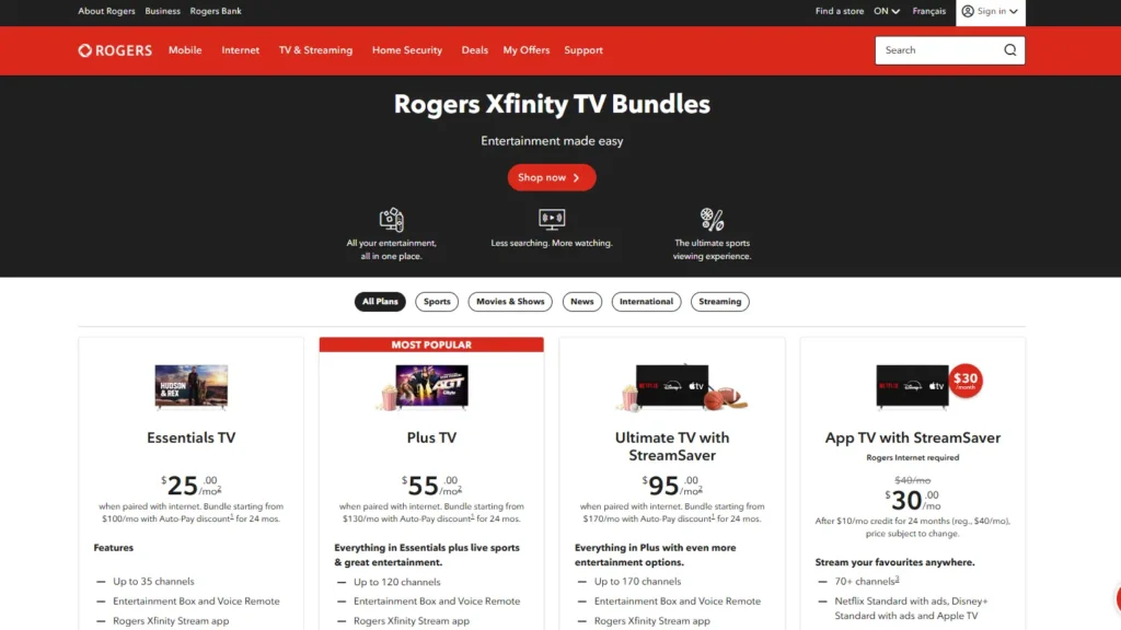 Rogers Xfinity TV plans page with TV Essentials, Popular TV and Ultimate TV