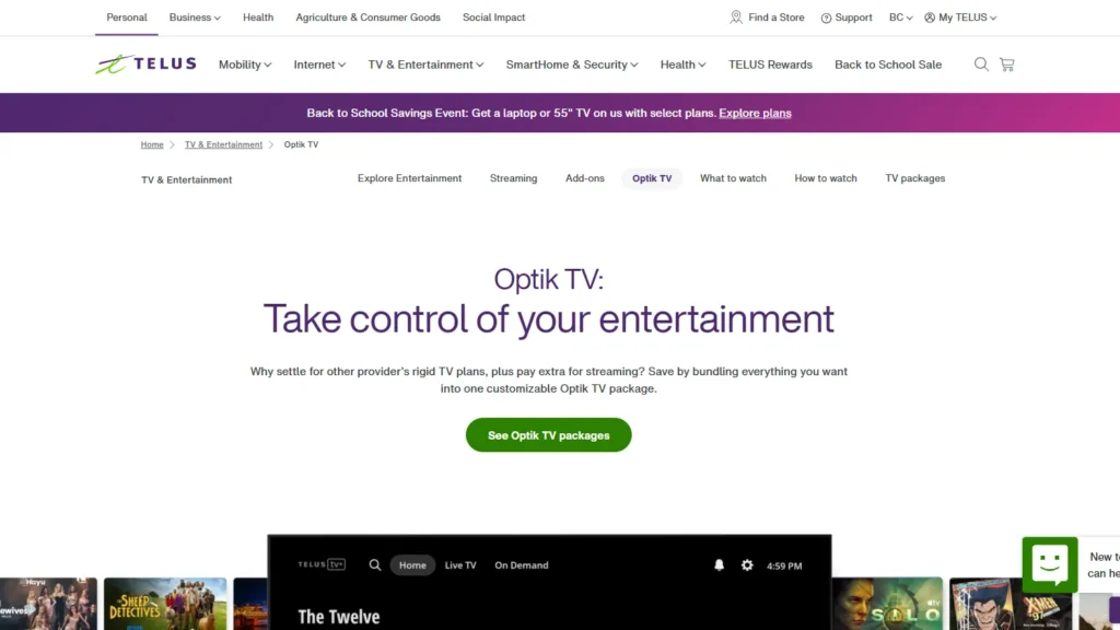 TELUS Optik TV page showing theme packs and streaming services