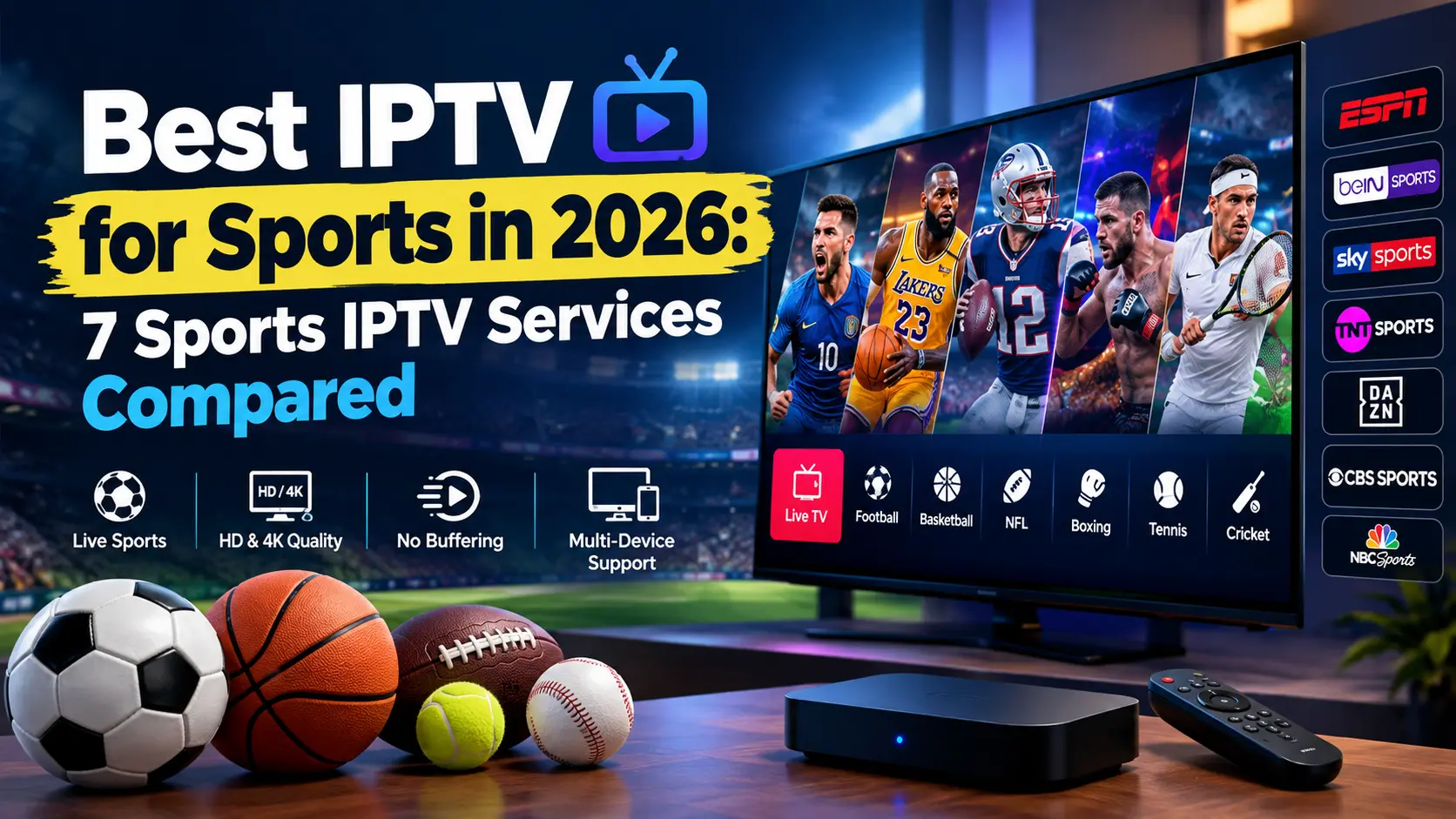 Best IPTV for sports in 2026 showing live football, basketball, NFL, boxing, tennis, and cricket streams on a smart TV with ESPN, beIN Sports, Sky Sports, and other sports channel logos
