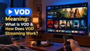 VOD meaning: a smart TV showing a video on demand library of movies and series