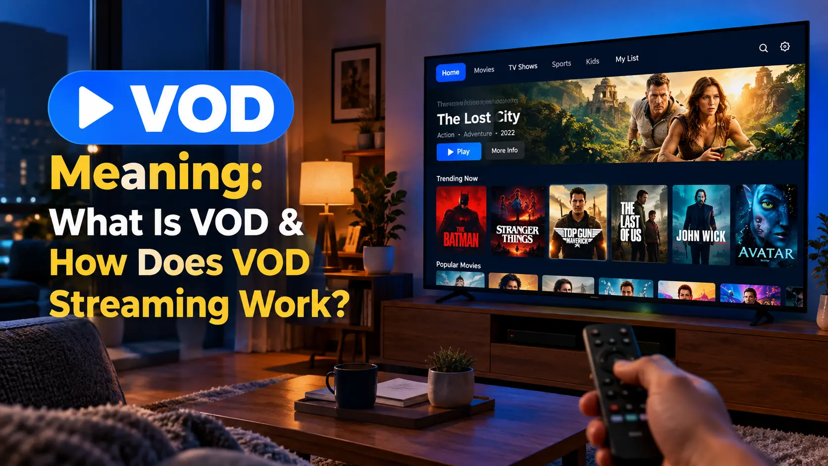 VOD meaning: a smart TV showing a video on demand library of movies and series
