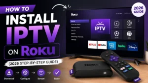 Step-by-step guide banner showing how to install IPTV on Roku with a Roku streaming device, remote, and TV screen displaying the IPTV app menu