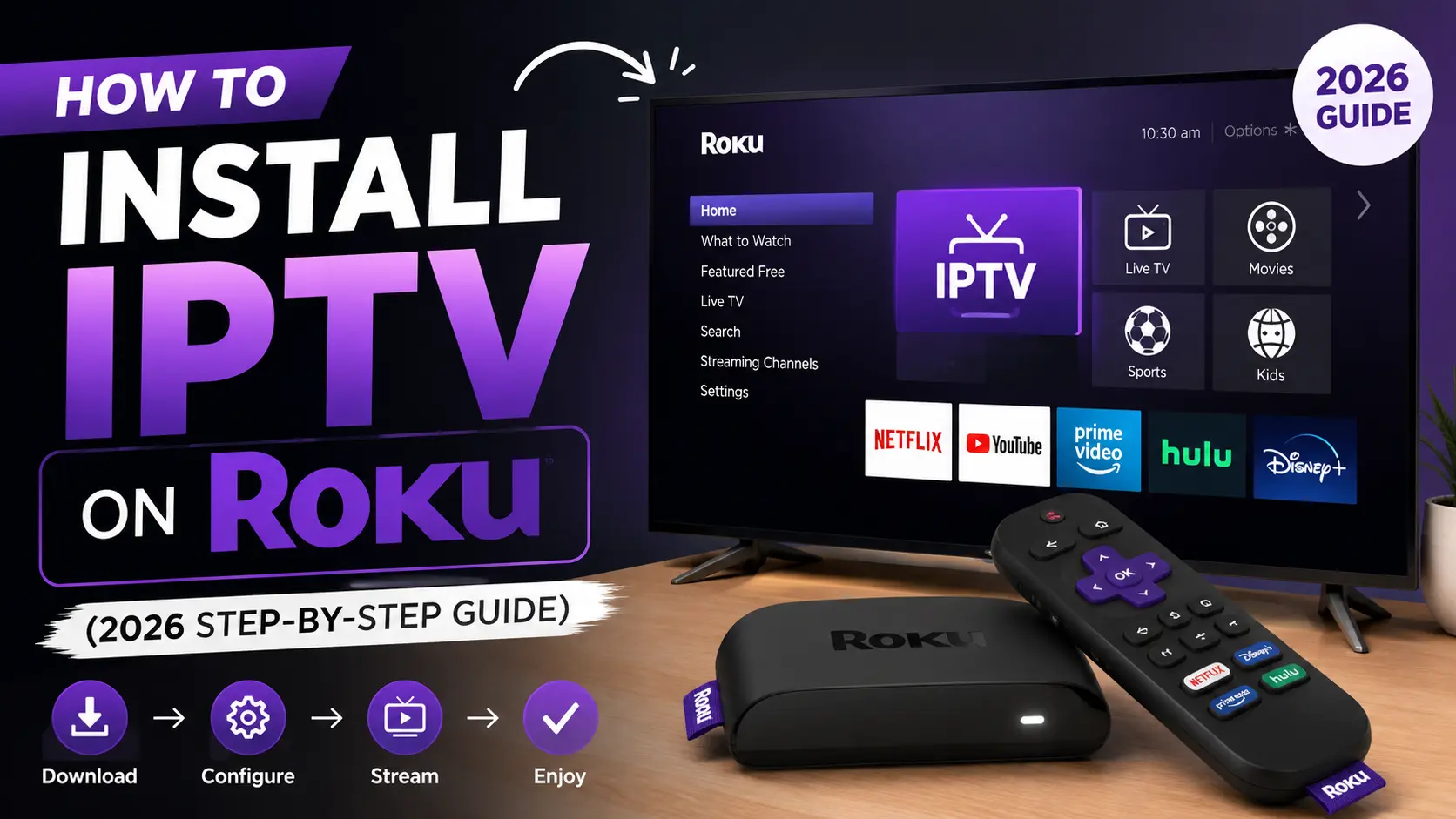 Step-by-step guide banner showing how to install IPTV on Roku with a Roku streaming device, remote, and TV screen displaying the IPTV app menu