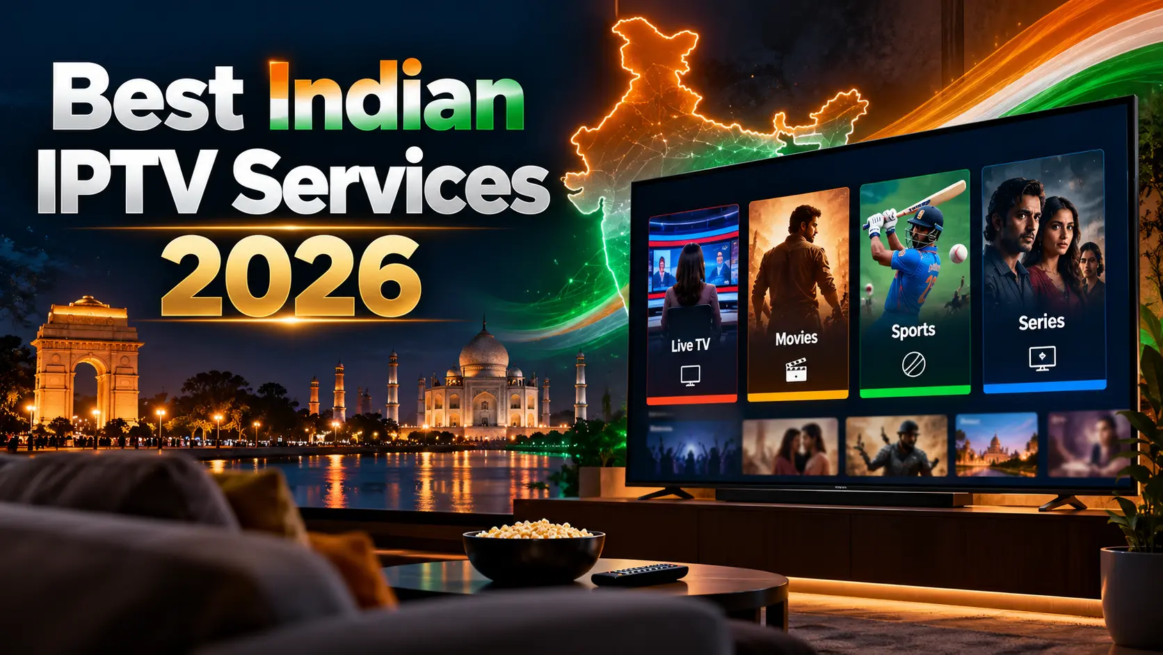 Indian IPTV comparison of legal services Jio AirFiber, Airtel, JioHotstar and Sling TV showing Indian channels on a TV