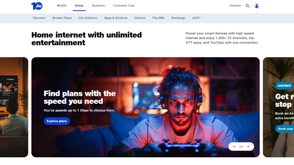 Jio AirFiber page showing 1000+ digital TV channels for Indian IPTV