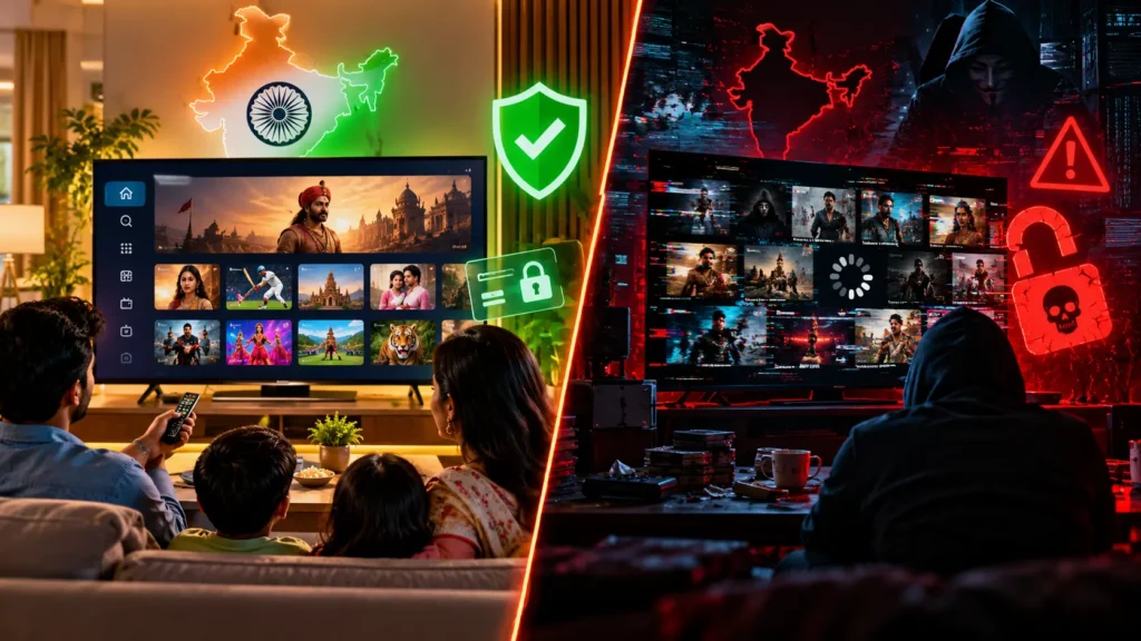 Illustration comparing licensed Indian IPTV services with illegal cheap Indian IPTV