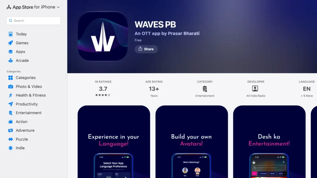 WAVES Prasar Bharati app streaming free Indian live TV channels
