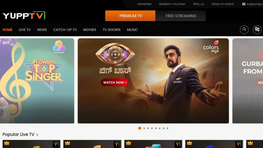 YuppTV app showing Indian live TV channels in Hindi, Telugu and Tamil