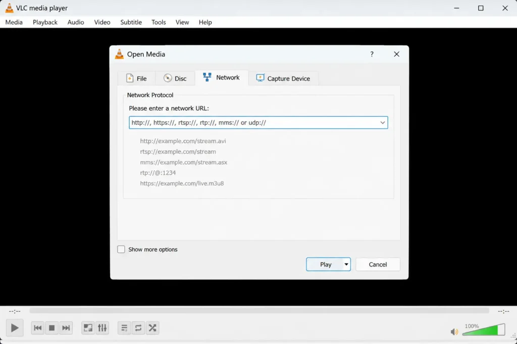 Using an IPTV GitHub playlist in VLC with Open Network Stream